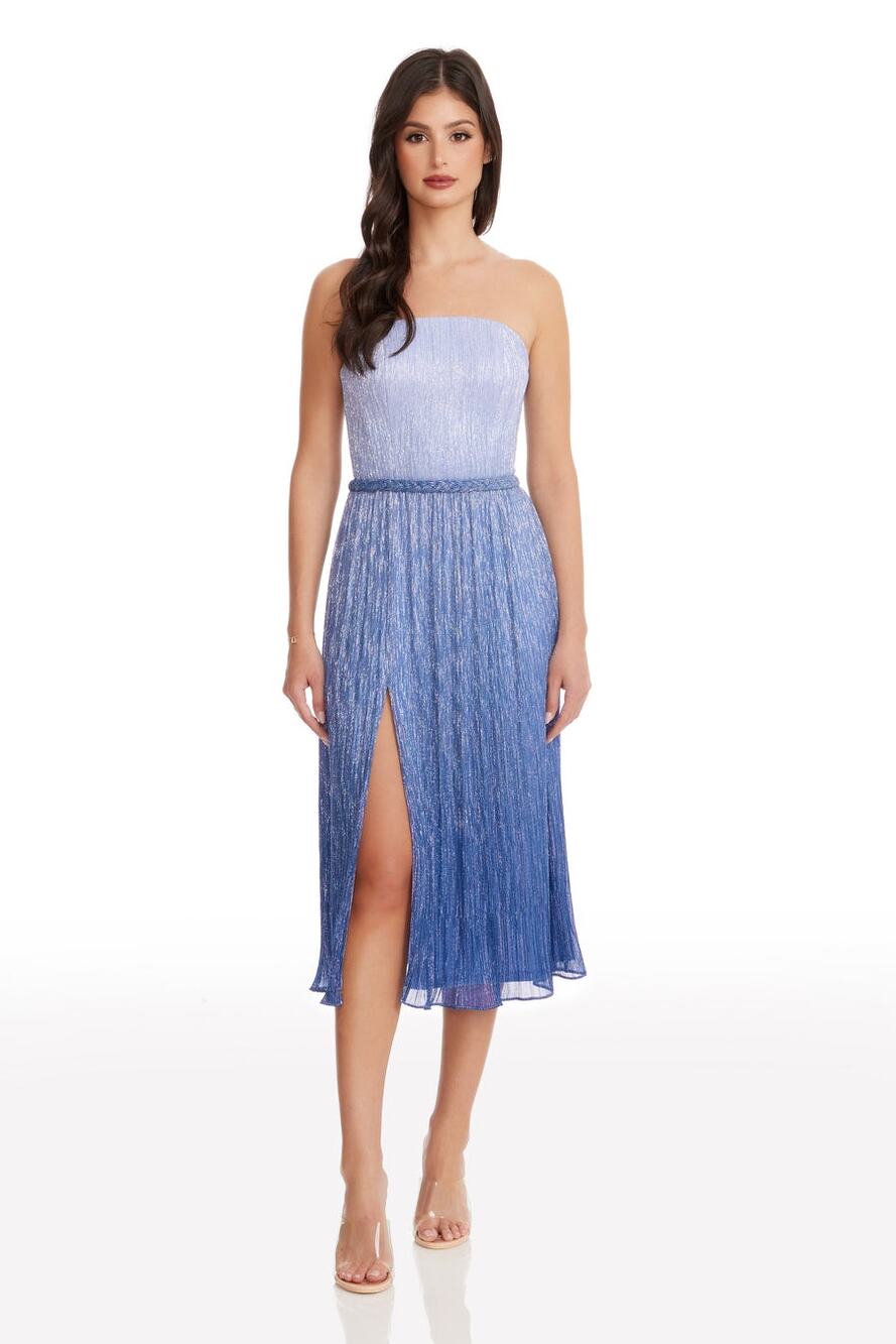 Dress The Population Haldis Metallic Ombre Strapless Blue Cocktail Dress EUC M